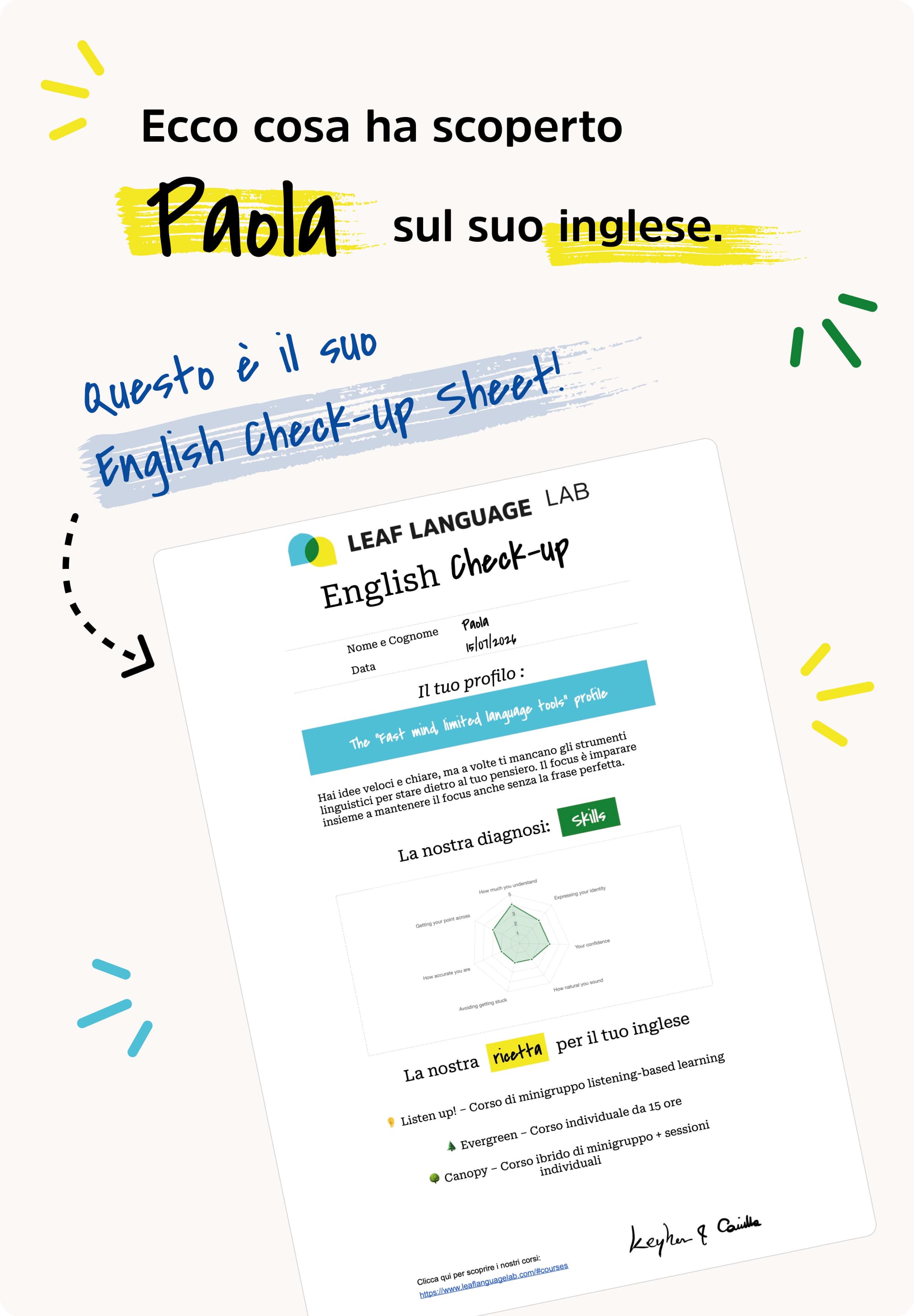 English Check-Up sheet — esempio di report finale